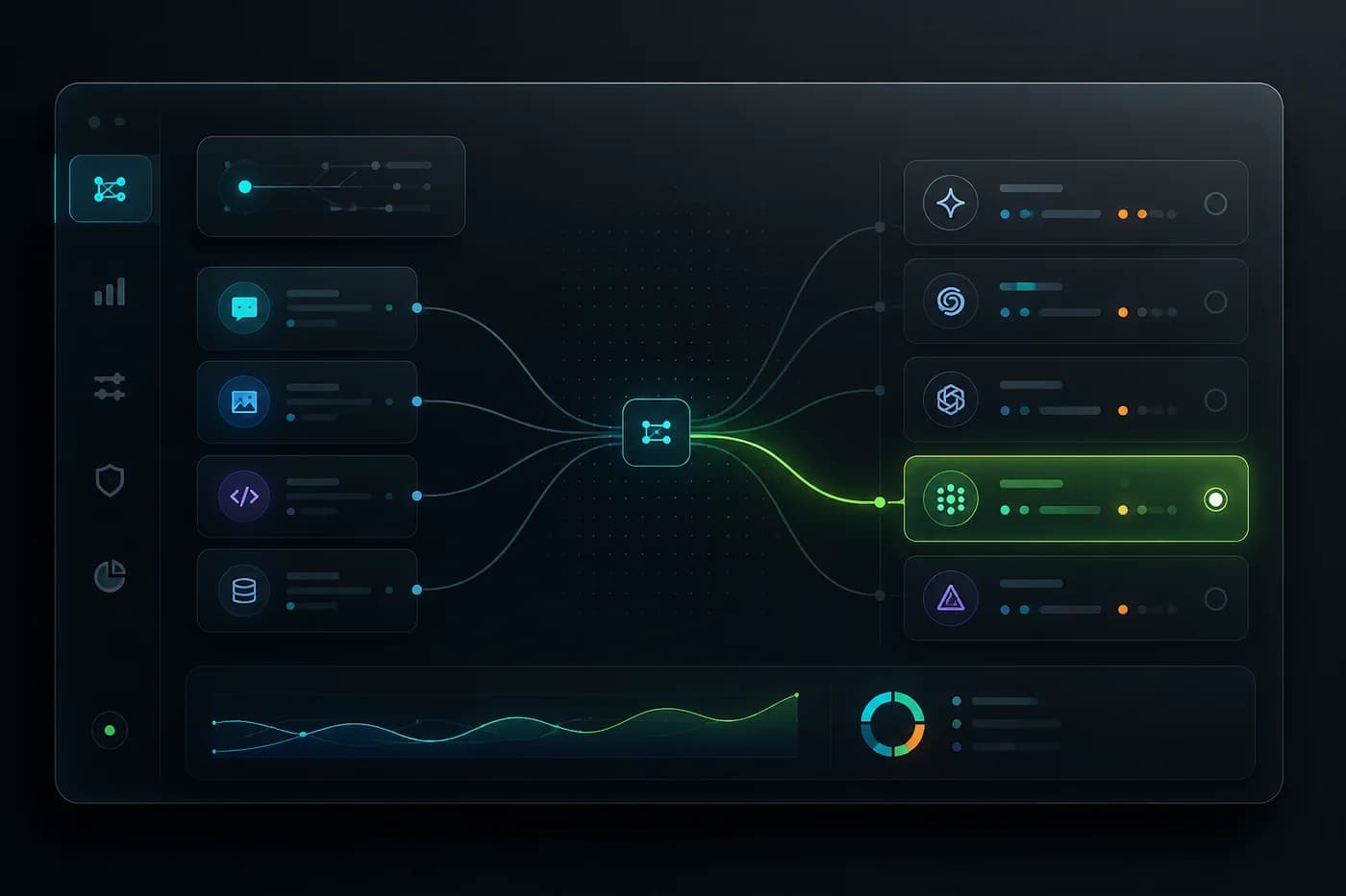 Compact dashboard illustration showing requests routed to a highlighted model lane